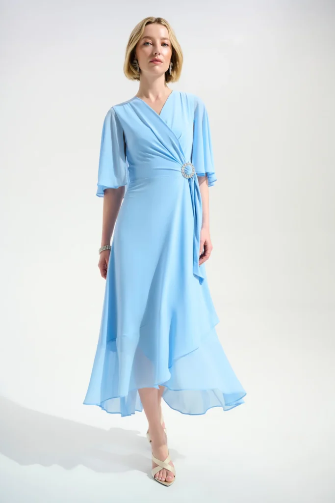 Joseph Ribkoff 261714 Sky Blue Rhinestone Detail Wrap Dress