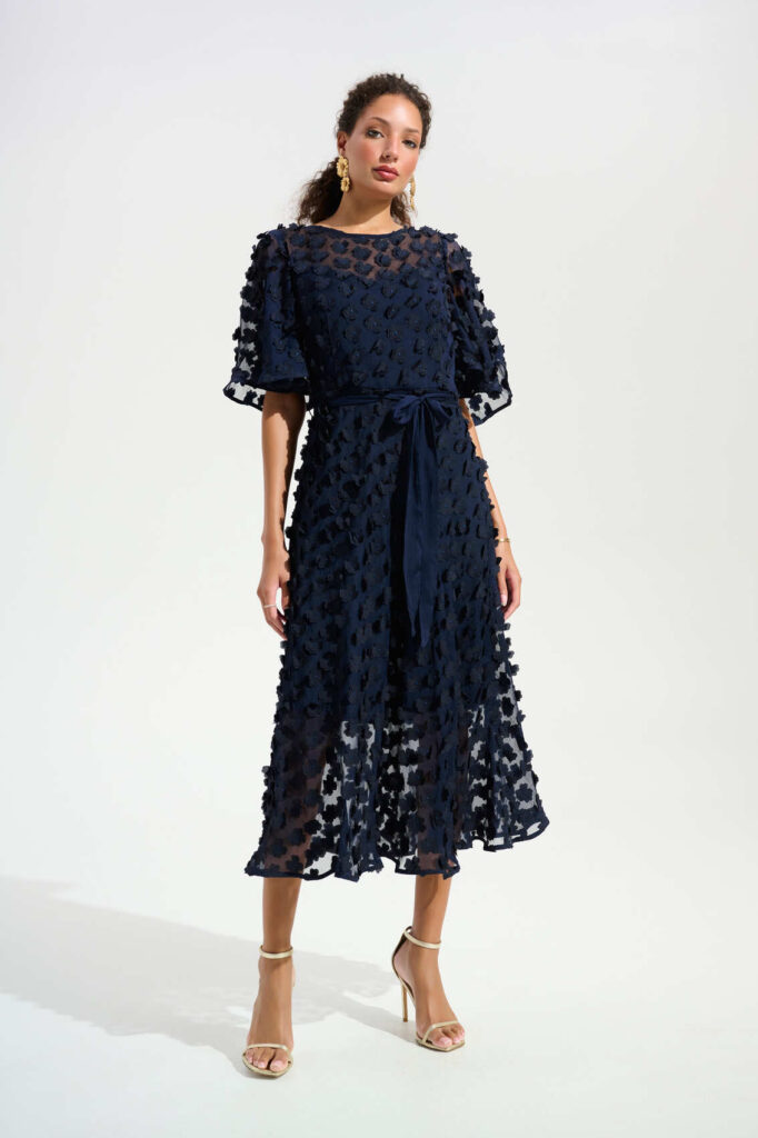 Joseph Ribkoff 261738 Fit & Flare 3D Embroidered Chiffon Dress