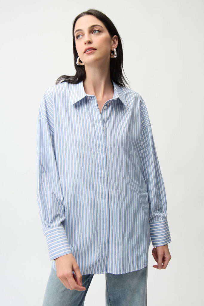 Joseph Ribkoff 261931 Blue/Vanilla Tencel Stripe Print Blouse