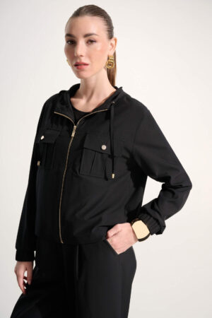 Joseph Ribkoff 262621 Black Stretch Woven Hooded Jacket (1)