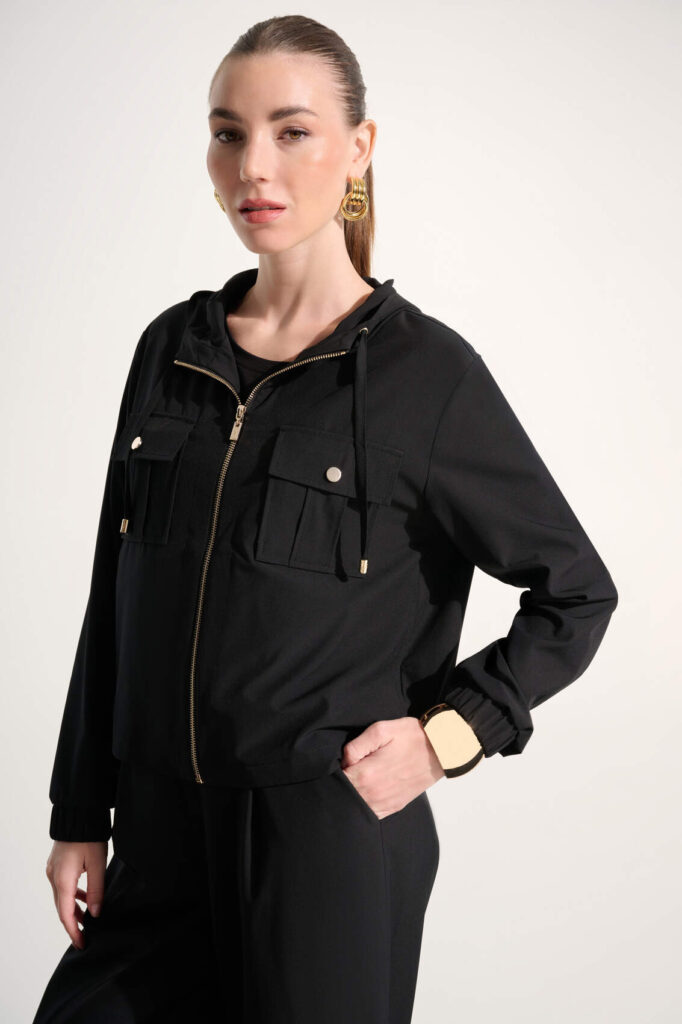 Joseph Ribkoff 262621 Black Stretch Woven Hooded Jacket