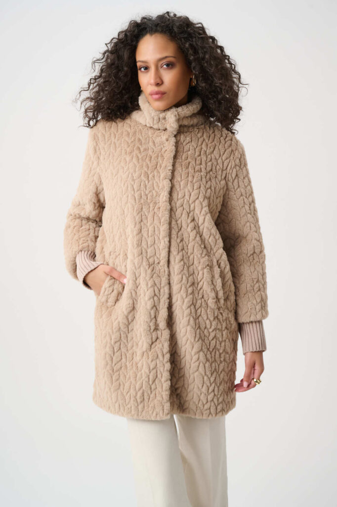 Joseph Ribkoff 263915 Soft Taupe Faux Fur Mock Neck Coat