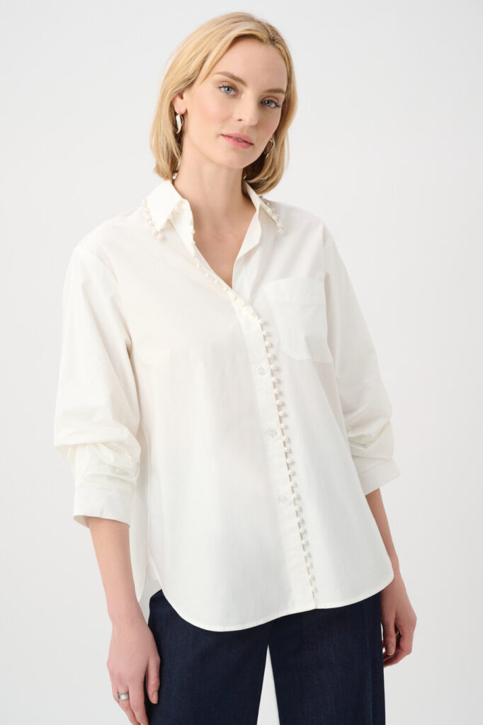Joseph Ribkoff 263923 Vanilla Cotton Poplin Pearl Trim Blouse