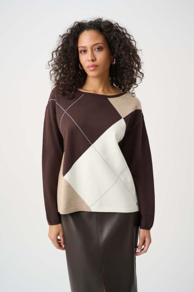 Joseph Ribkoff  263948 Mocha/Multi Argyle Print Crewneck Sweater
