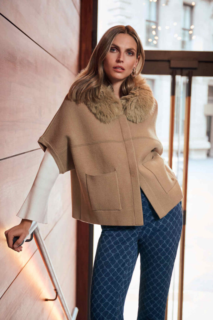 Joseph Ribkoff 263949 Camel Knit Jacket With Faux Fur Collar