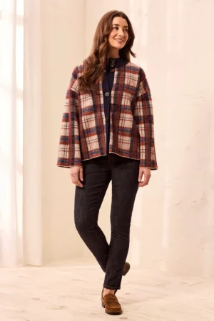 Tribal 3135O Navy Multi Eyelash Knit Plaid Mock Neck Cardigan 3