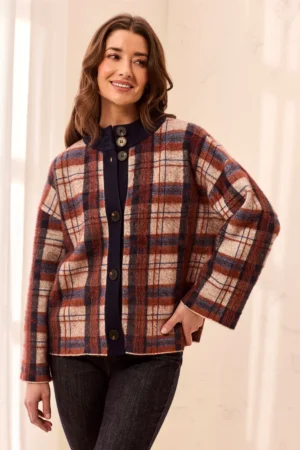 Tribal 3135O Navy Multi Eyelash Knit Plaid Mock Neck Cardigan