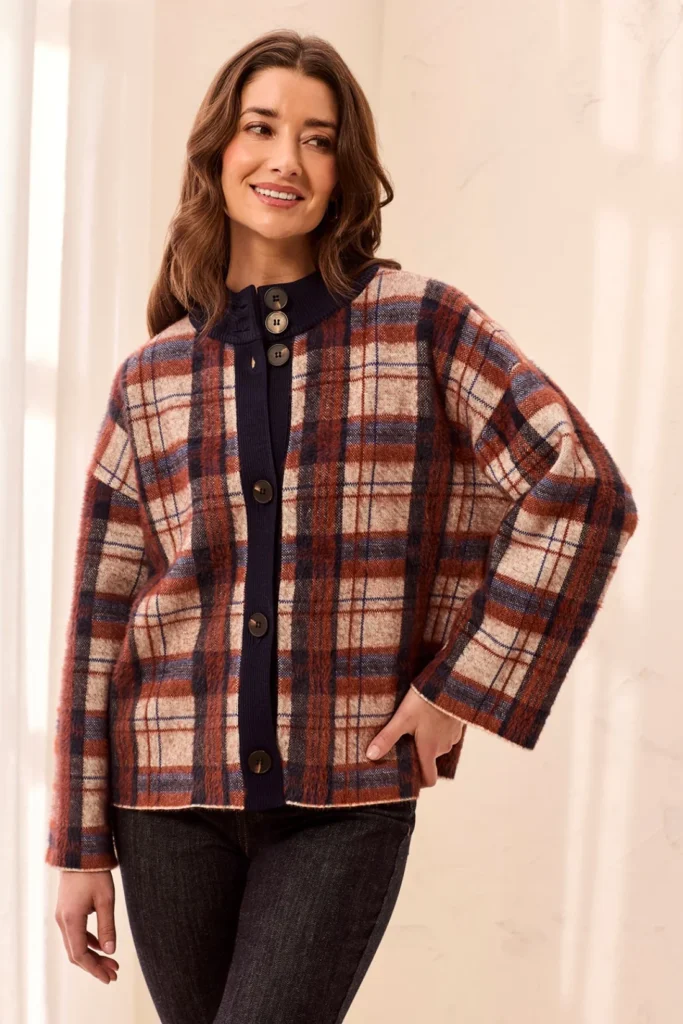 Tribal 3135O Navy/Multi Eyelash Knit Plaid Mock Neck Cardigan