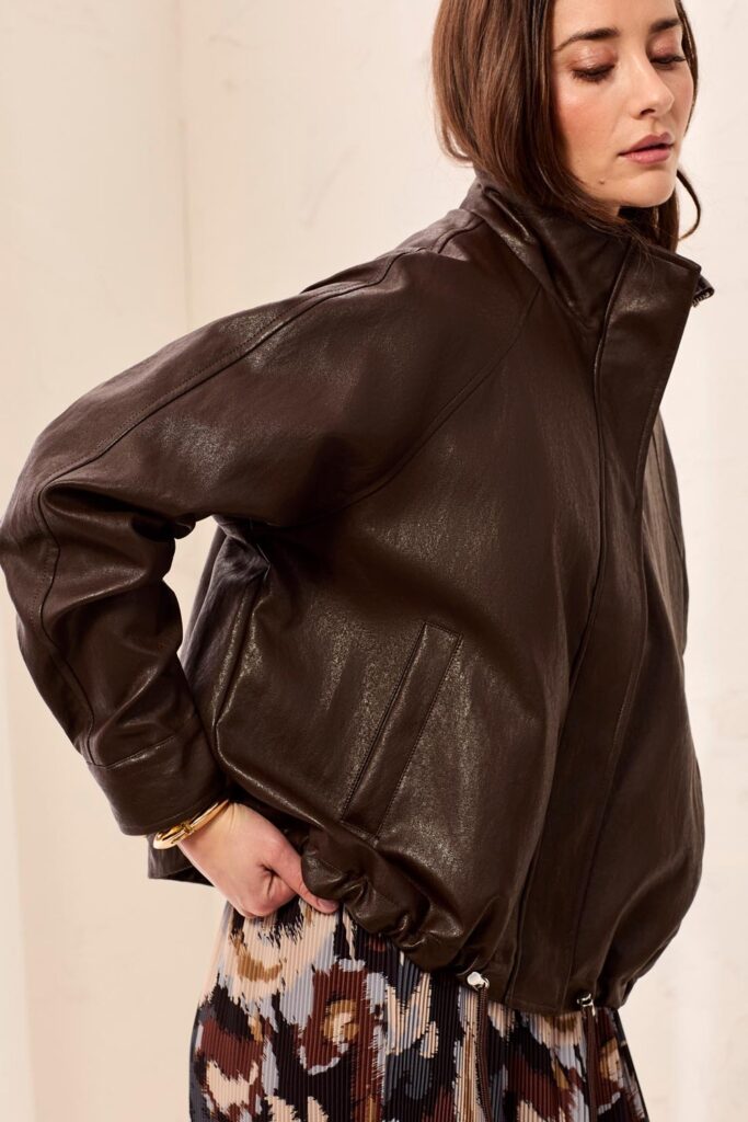 Tribal 6272O Saddle Brown Faux Leather Mock Neck Jacket