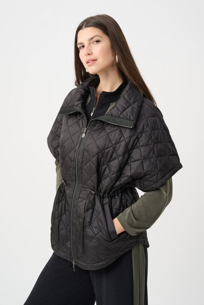 Joseph Ribkoff 263643 Black Quilted Shawl-Neck Boxy Vest