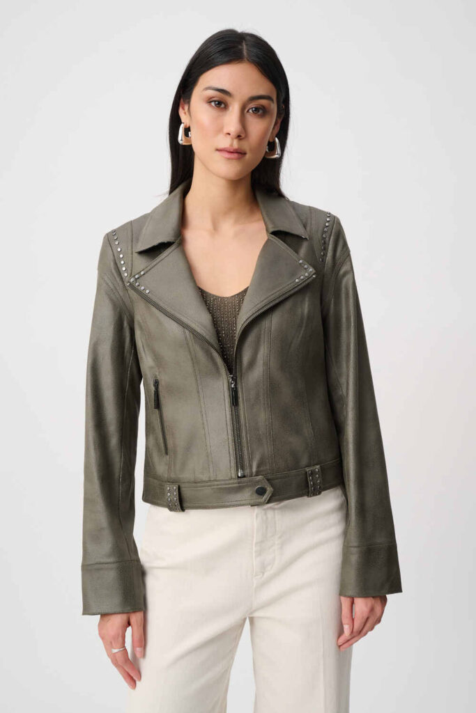 Joseph Ribkoff 263907 Avocado Foiled Faux Suede Fitted Jacket