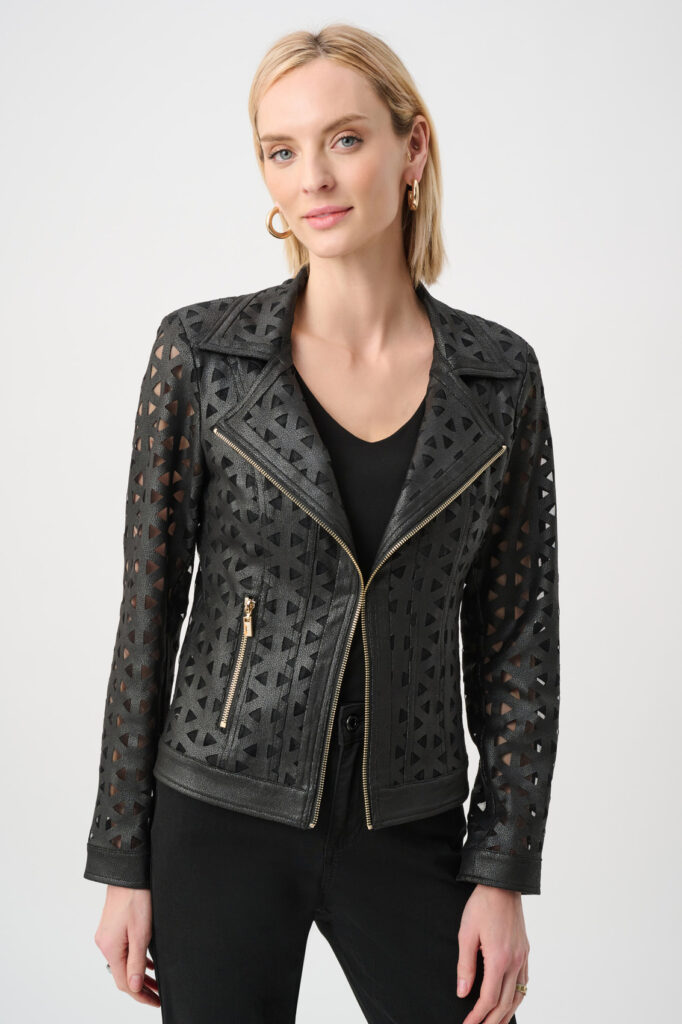 Joseph Ribkoff 263910 Foiled Faux Suede And Mesh Moto Jacket