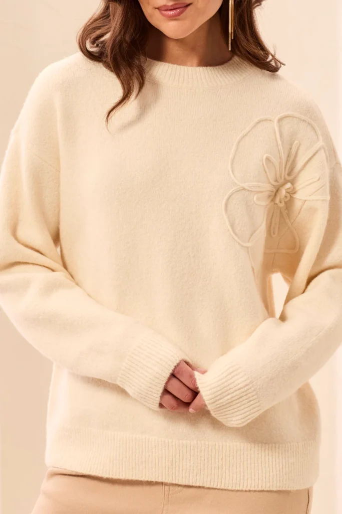 Tribal 3261O Moonstone Embroidered Mock Neck Sweater